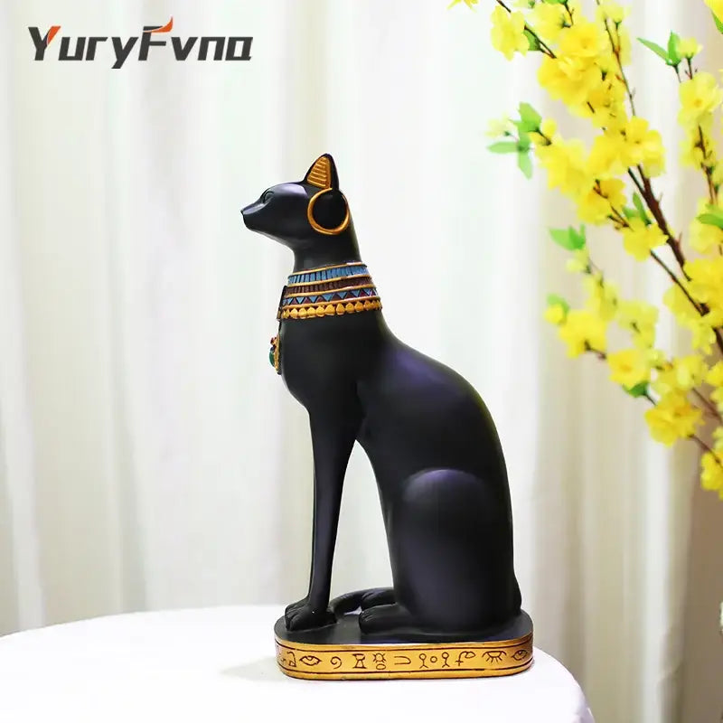 Black and gold bastet cat goddess statue 3 piece set living room decor