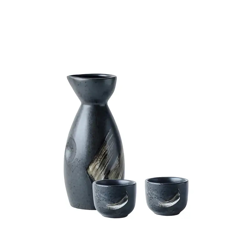 Black and gold brushstroke ceramic sake liquor dispenser set dining room