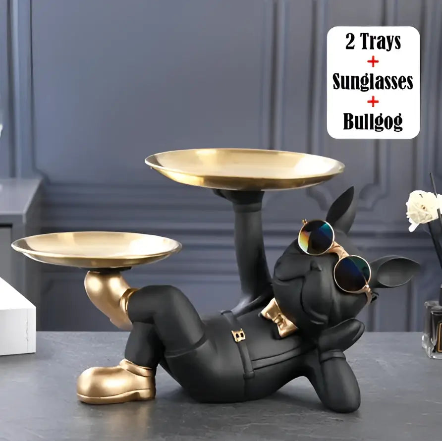 Black and gold bulldog animal figurine living room butler tray