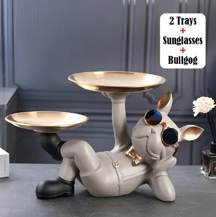 Black and gold bulldog animal figurine living room butler tray