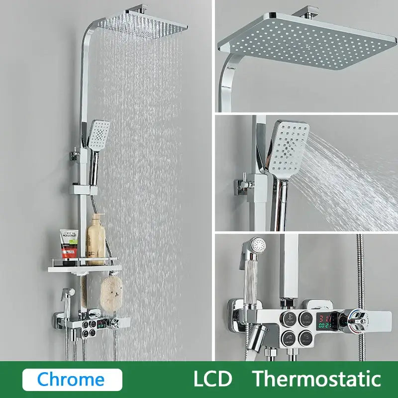 Black and gold decorbites brass lcd thermostatic shower set bathroom