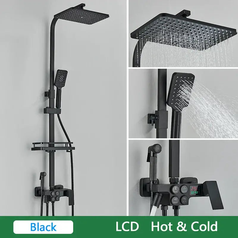 Black and gold decorbites brass lcd thermostatic shower set bathroom