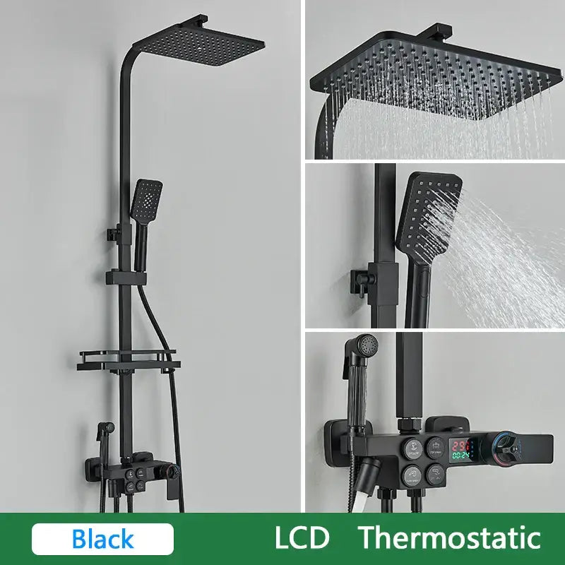 Black and gold decorbites brass lcd thermostatic shower set bathroom