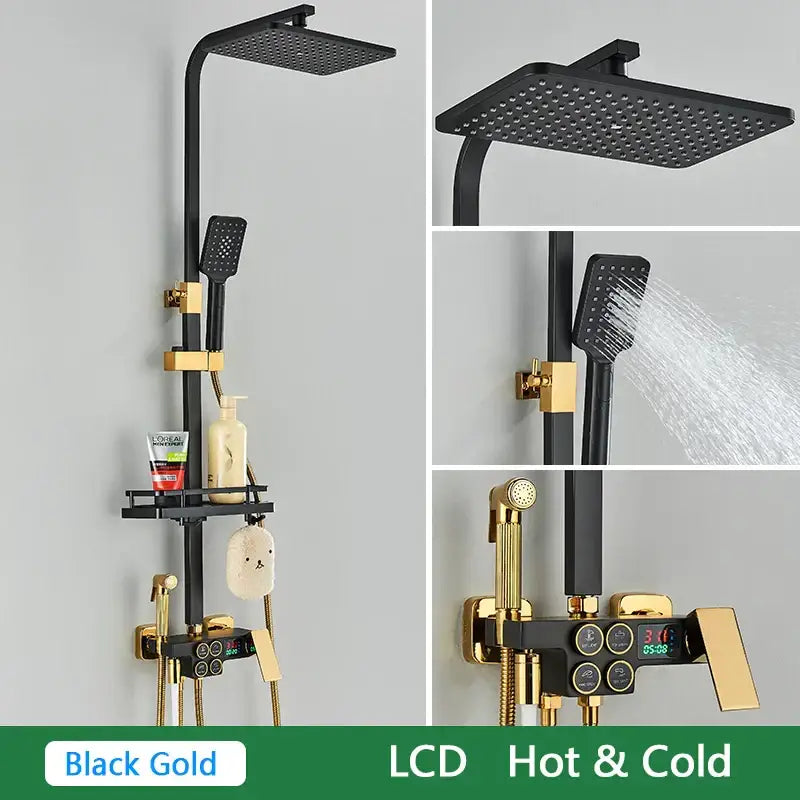 Black and gold decorbites brass lcd thermostatic shower set bathroom