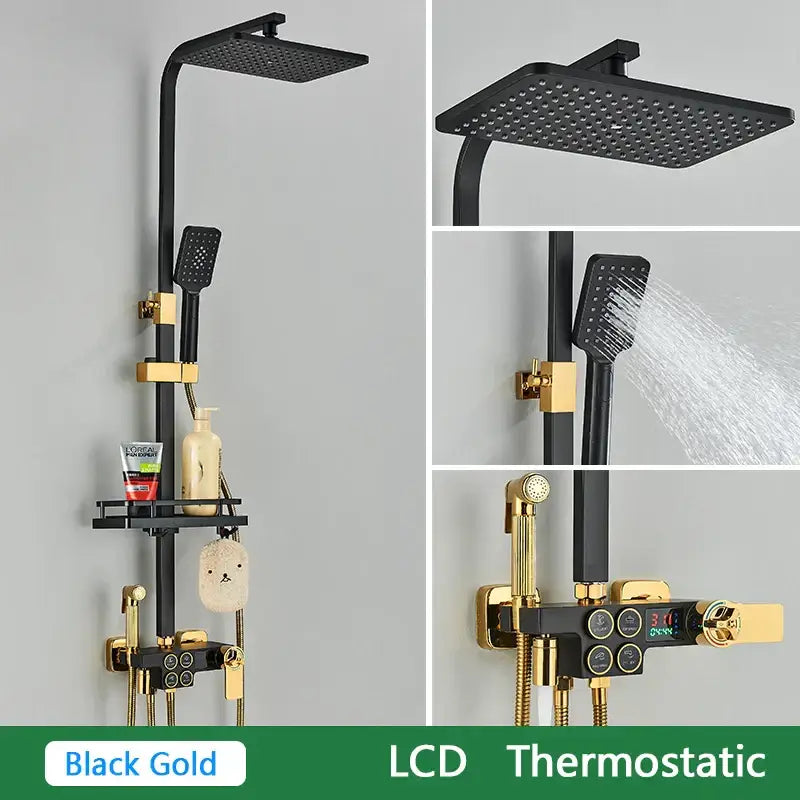 Black and gold decorbites brass lcd thermostatic shower set bathroom