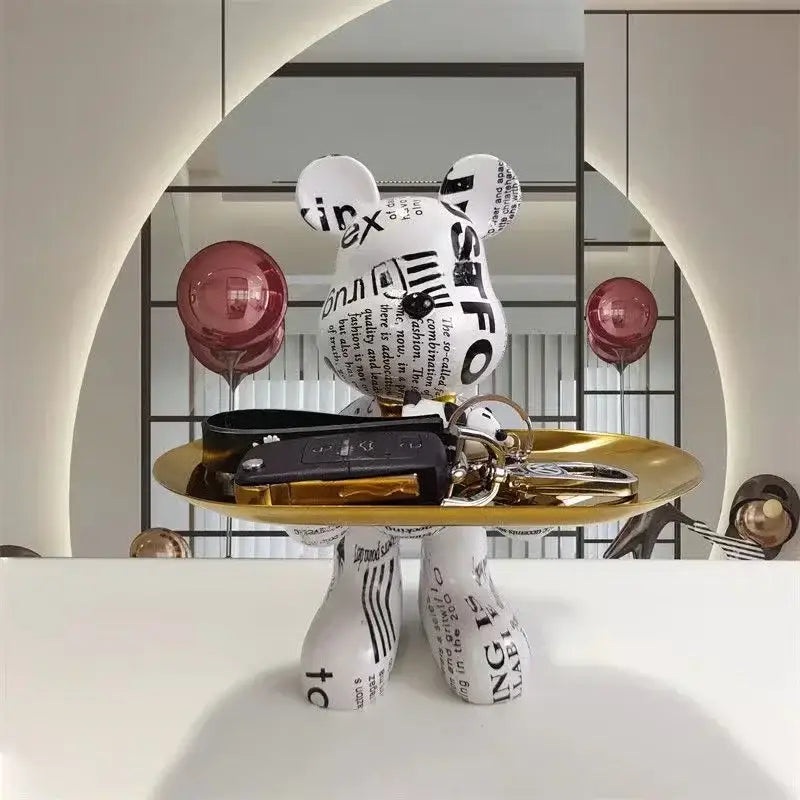 Black and gold graffiti bear figurine living room decor with tray