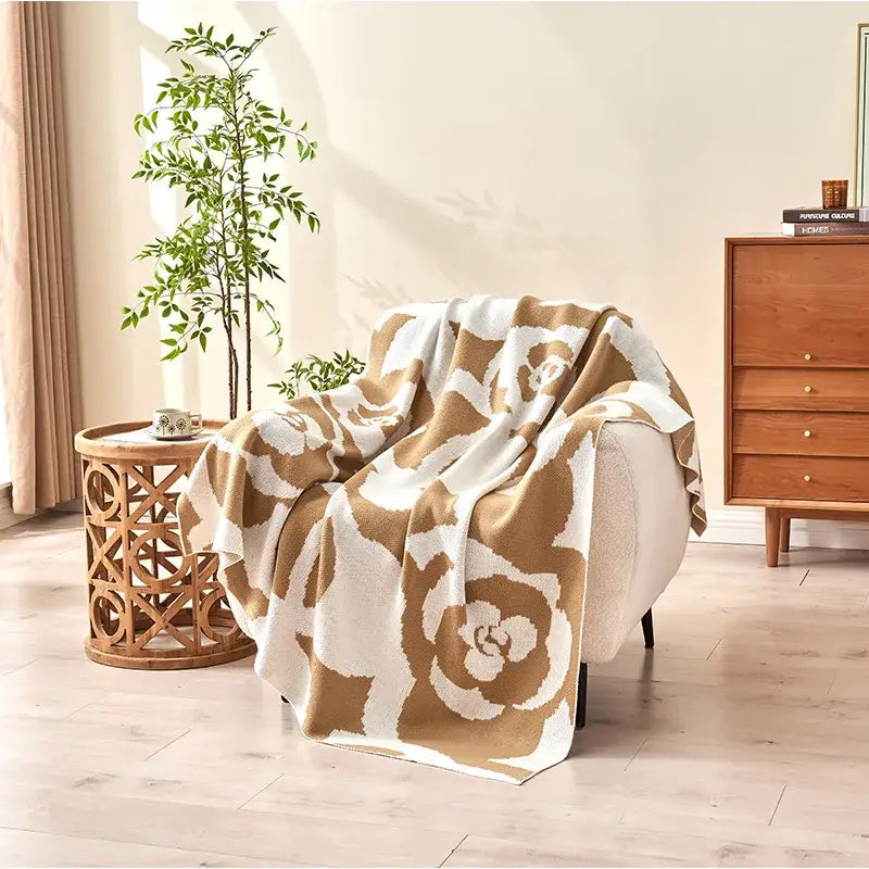 Black and white camellia knitted blanket living room rose throw quilt