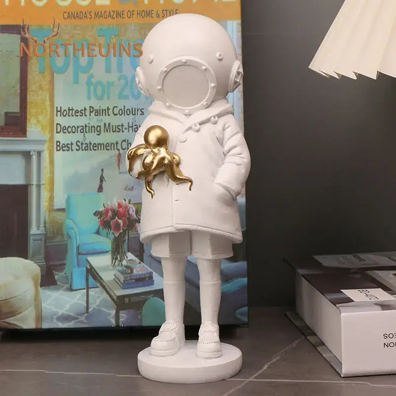 Black and white diver girl resin statue living room octopus decor