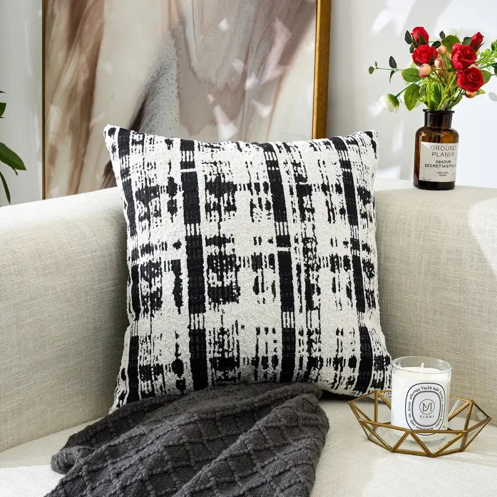 Black and white geometric chenille pillow cover living room decor