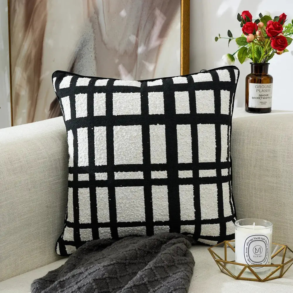 Black and white geometric chenille pillow cover living room decor