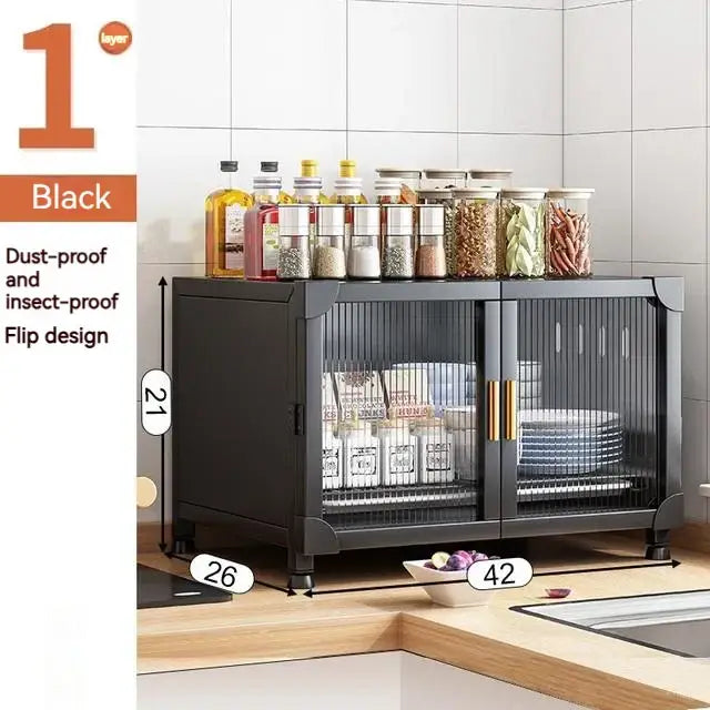 Black and white glass door kitchen cupboard storage rack