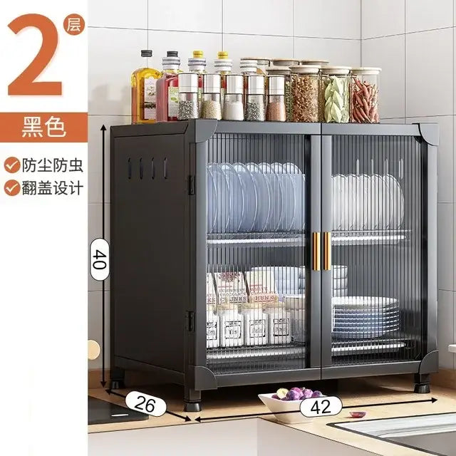 Black and white glass door kitchen cupboard storage rack