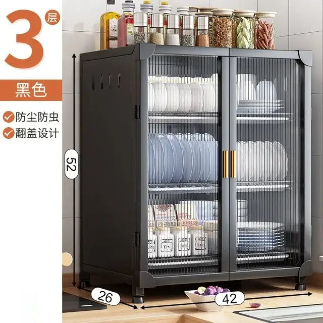 Black and white glass door kitchen cupboard storage rack