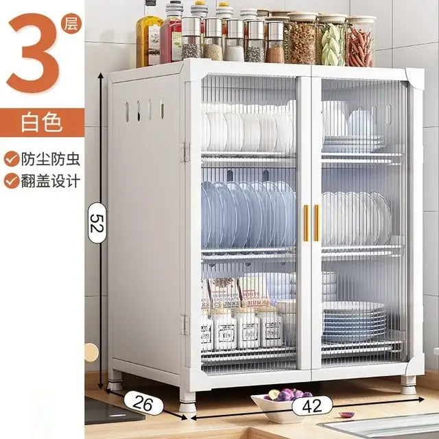 Black and white glass door kitchen cupboard storage rack