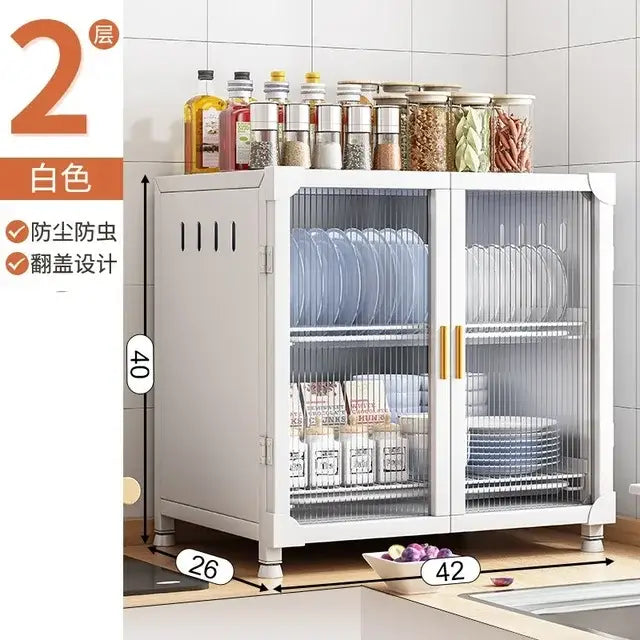 Black and white glass door kitchen cupboard storage rack