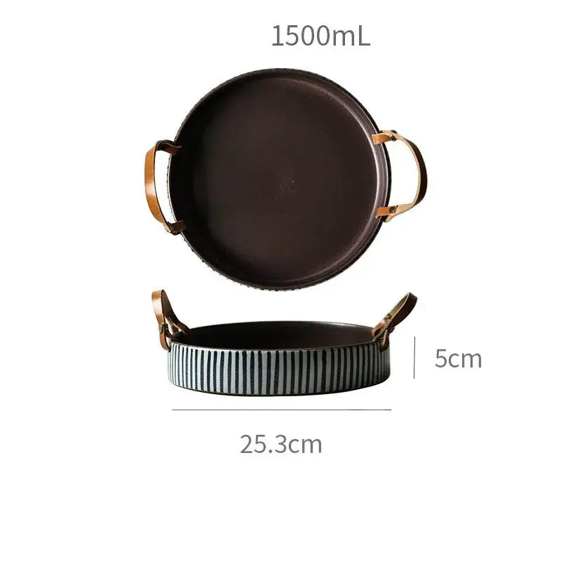 Black and white striped porcelain bowl with leather handle dining room