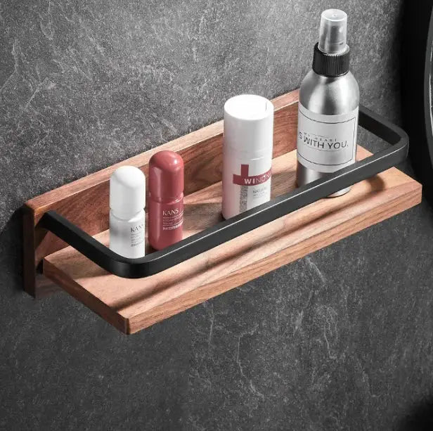 Black and wood bathroom hardware set with storage shelf