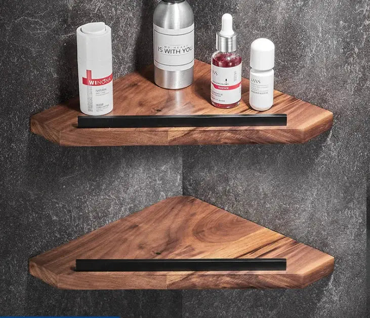Black and wood bathroom hardware set with storage shelf