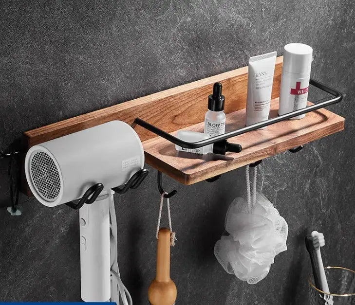 Black and wood bathroom hardware set with storage shelf