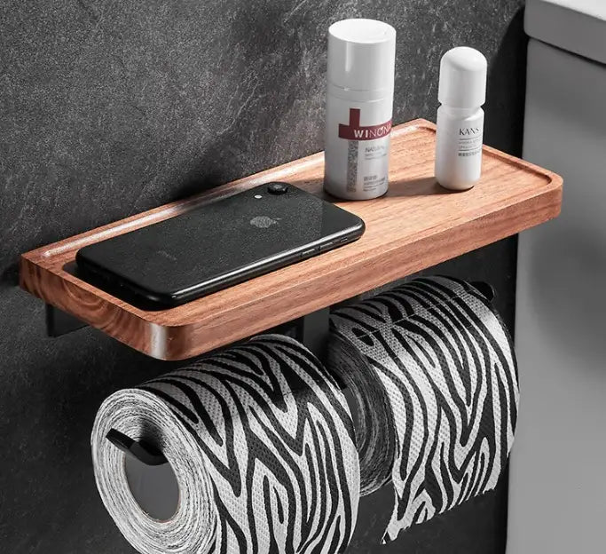 Black and wood bathroom hardware set with storage shelf