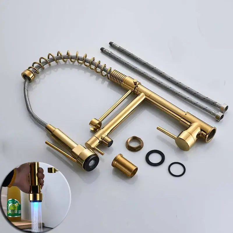 Black bronze dual spout kitchen faucet with led sprayer