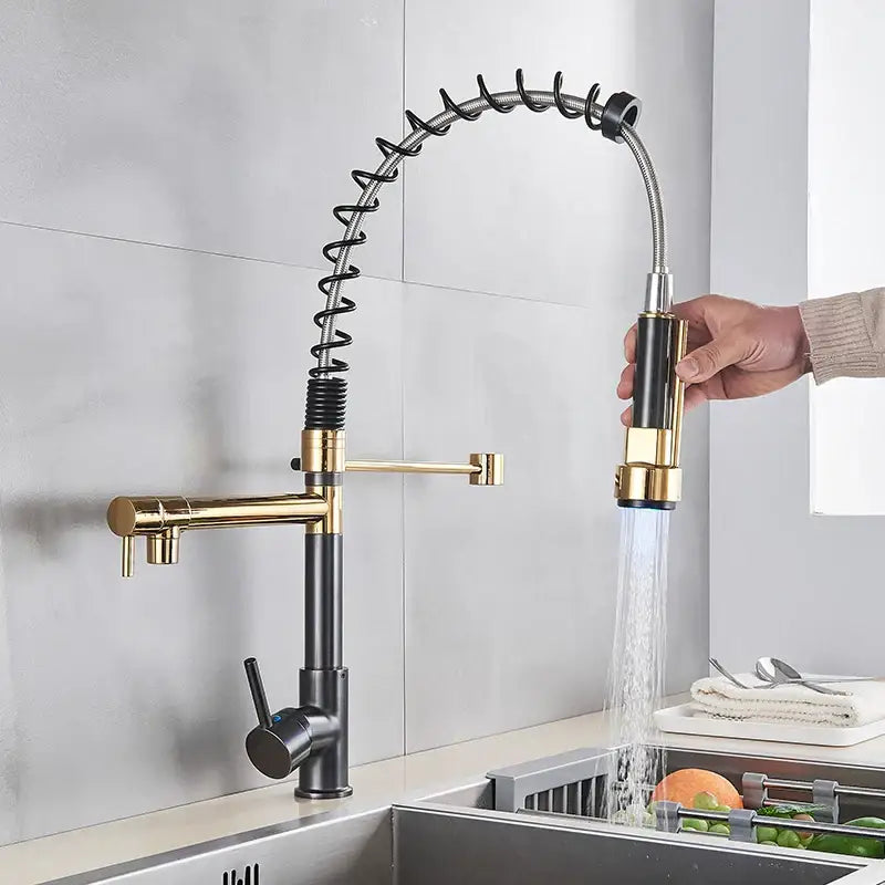 Black bronze dual spout kitchen faucet with led sprayer
