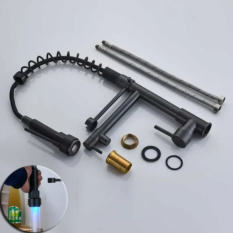 Black bronze dual spout kitchen faucet with led sprayer