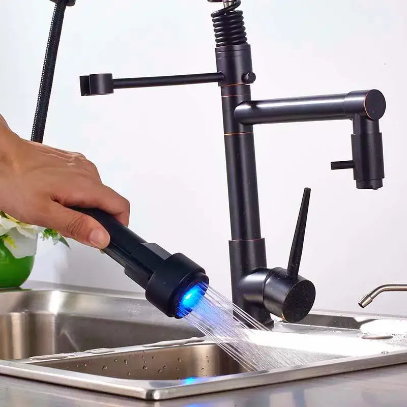 Black bronze dual spout kitchen faucet with led sprayer