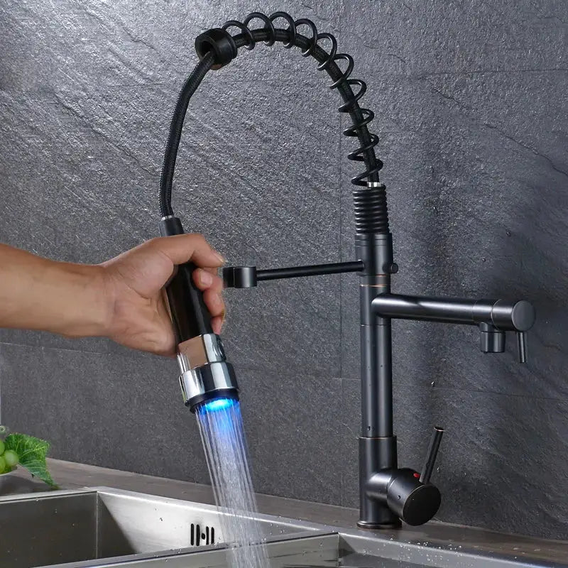 Black bronze dual spout kitchen faucet with led sprayer