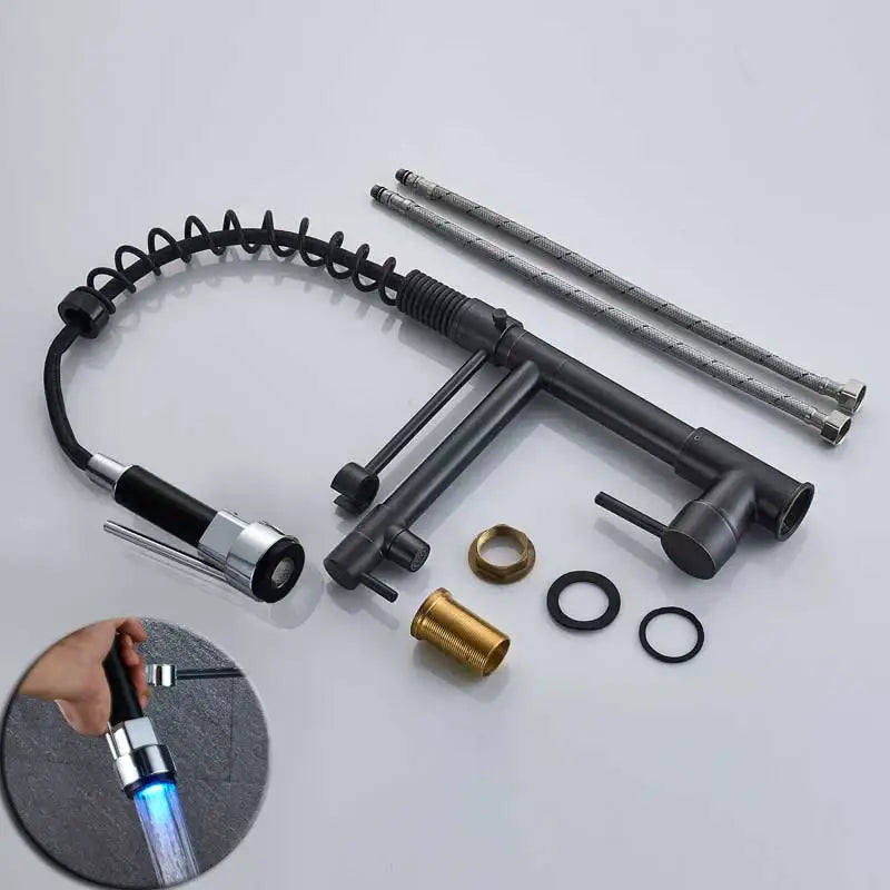 Black bronze dual spout kitchen faucet with led sprayer