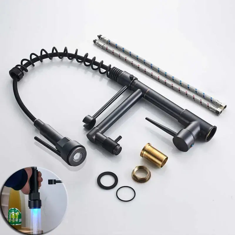 Black bronze dual spout kitchen faucet with led sprayer
