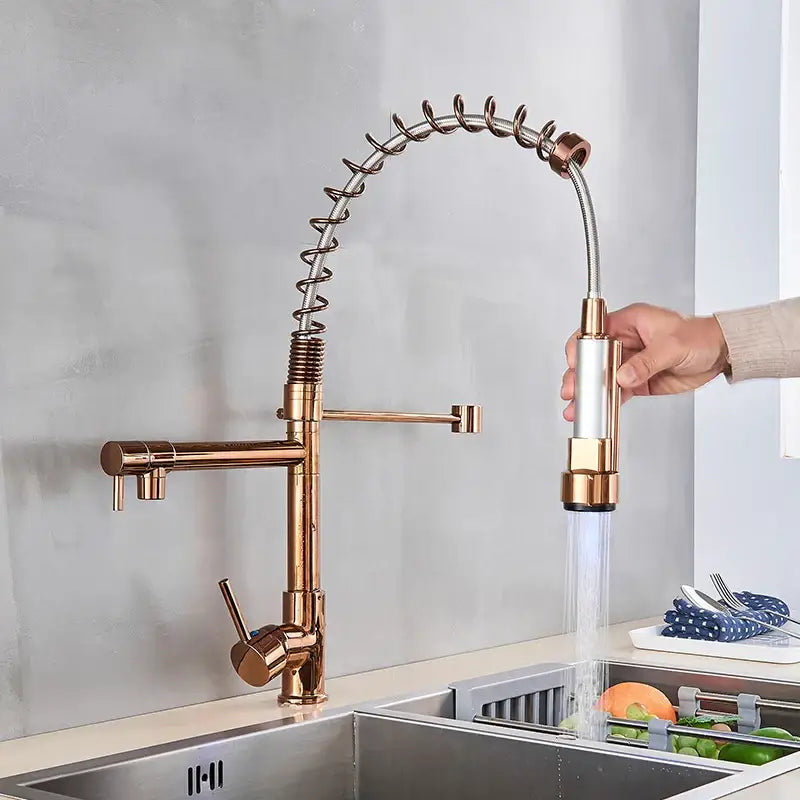 Black bronze dual spout kitchen faucet with led sprayer