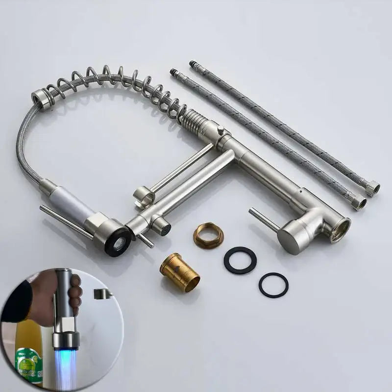 Black bronze dual spout kitchen faucet with led sprayer