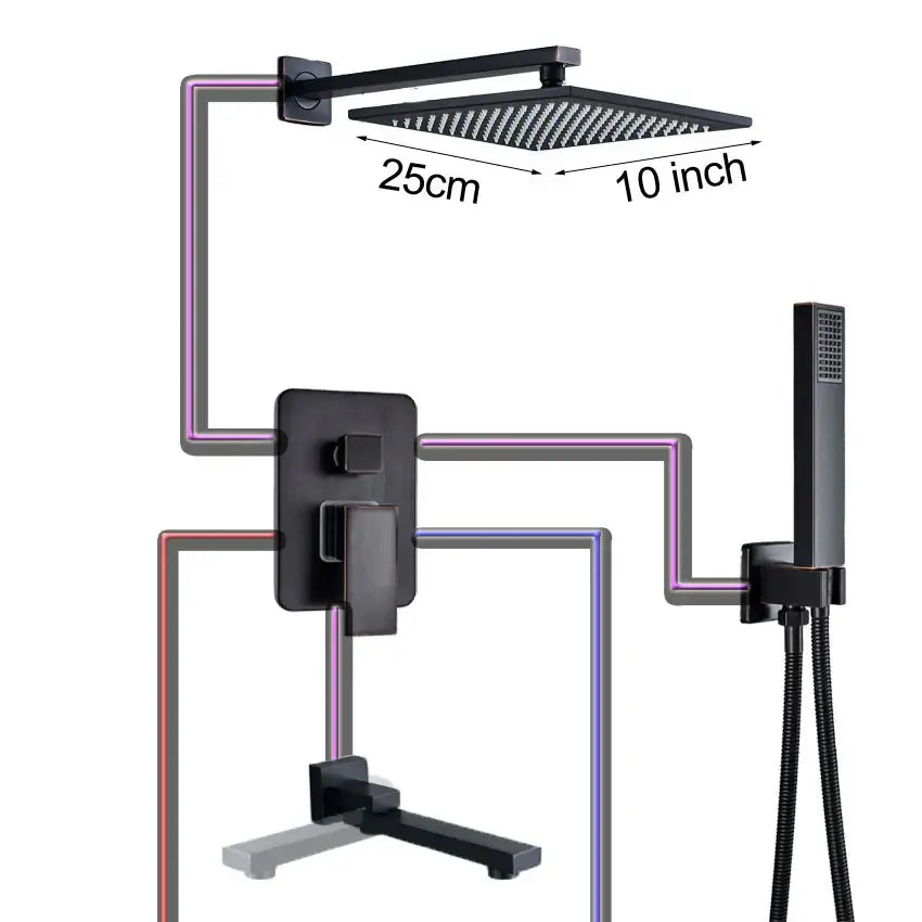 Black bronze square rainfall shower faucet set bathroom wall mount