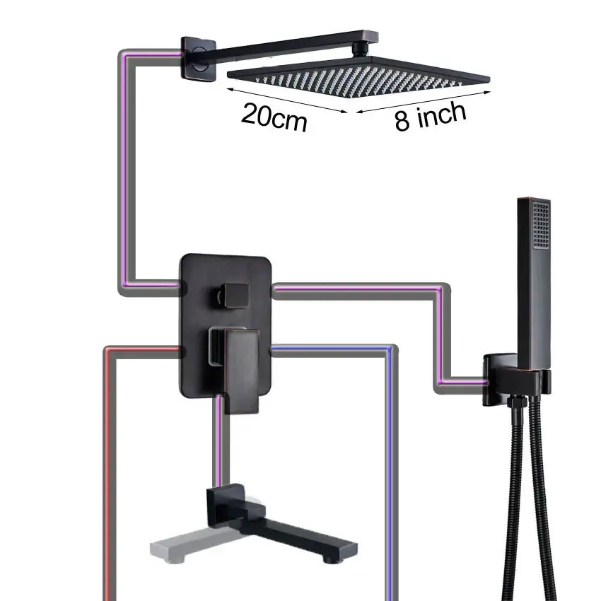 Black bronze square rainfall shower faucet set bathroom wall mount