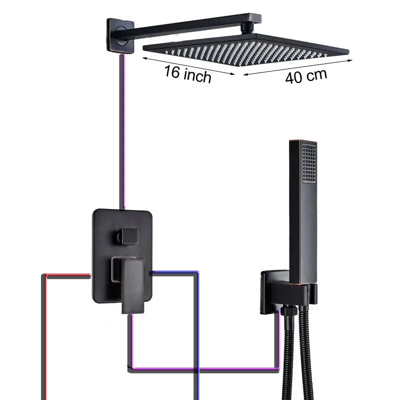 Black bronze square rainfall shower faucet set bathroom wall mount