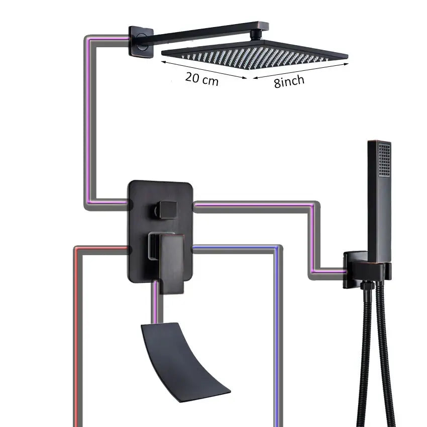 Black bronze square rainfall shower faucet set bathroom wall mount