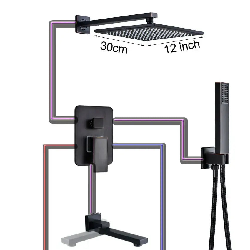 Black bronze square rainfall shower faucet set bathroom wall mount