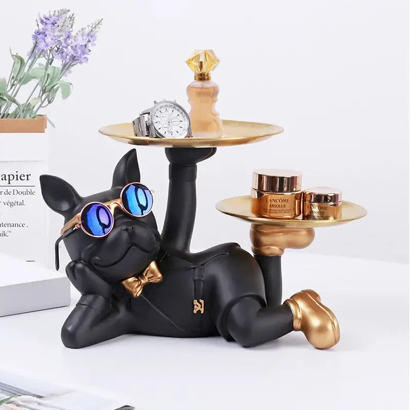 Black bulldog desktop storage statue office gold tray decor