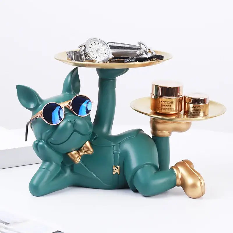 Black bulldog desktop storage statue office gold tray decor