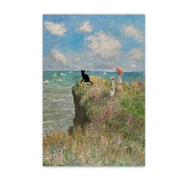 Black cat sunflower canvas wall art living room decor