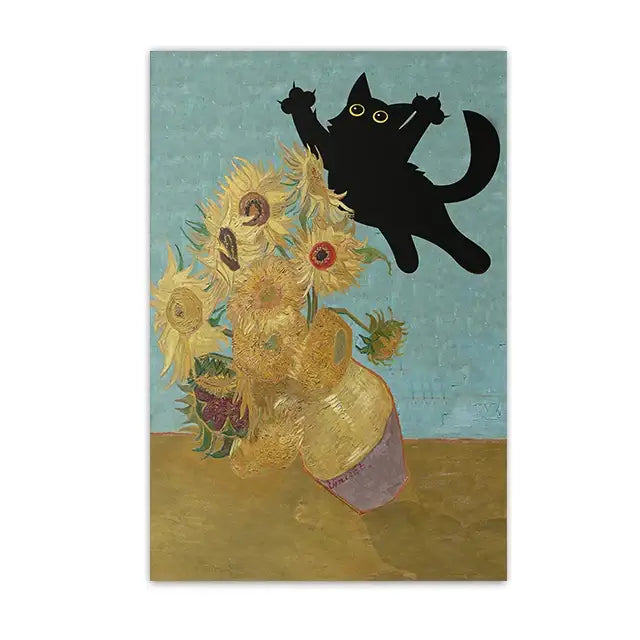 Black cat sunflower canvas wall art living room decor