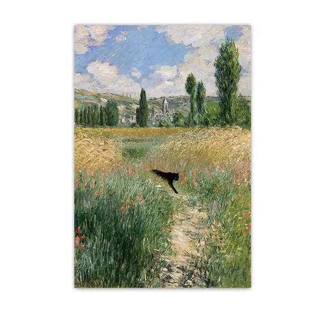 Black cat sunflower canvas wall art living room decor