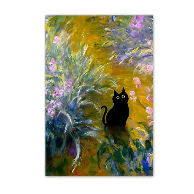 Black cat sunflower canvas wall art living room decor