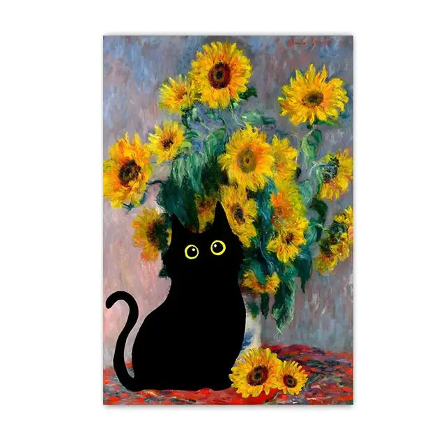 Black cat sunflower canvas wall art living room decor