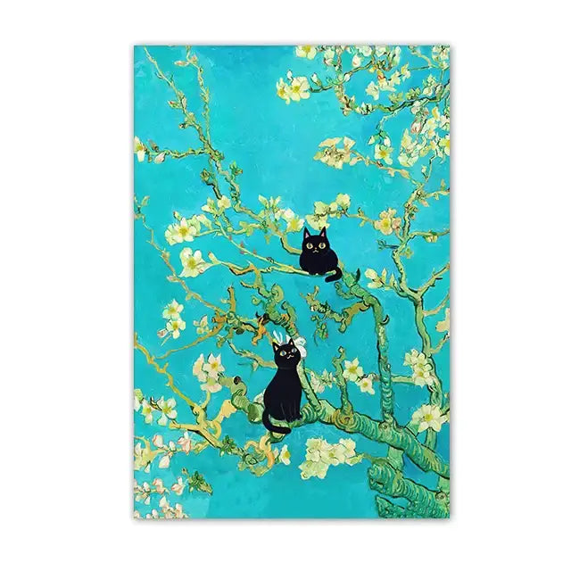Black cat sunflower canvas wall art living room decor