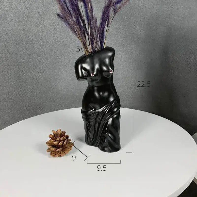 Black ceramic female body figurine bust vase living room decor