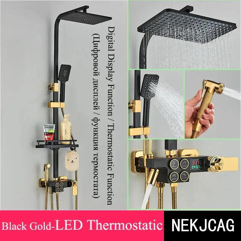 Black & chrome digital display thermostatic shower set bathroom system