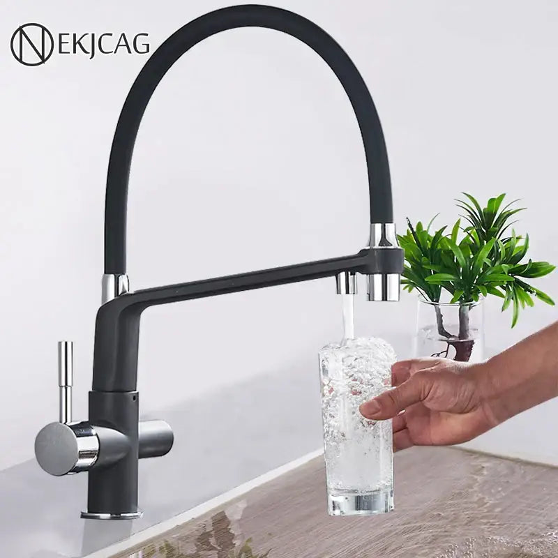 Black & chrome kitchen faucet with pull down sprayer and water filter