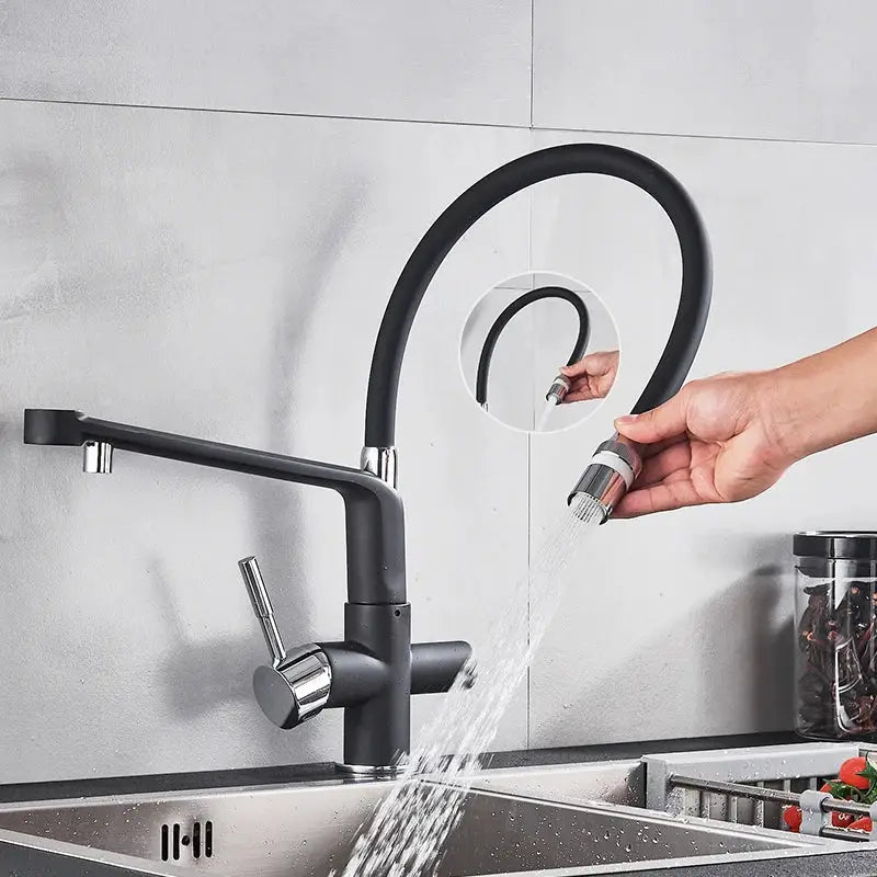 Black & chrome kitchen faucet with pull down sprayer and water filter